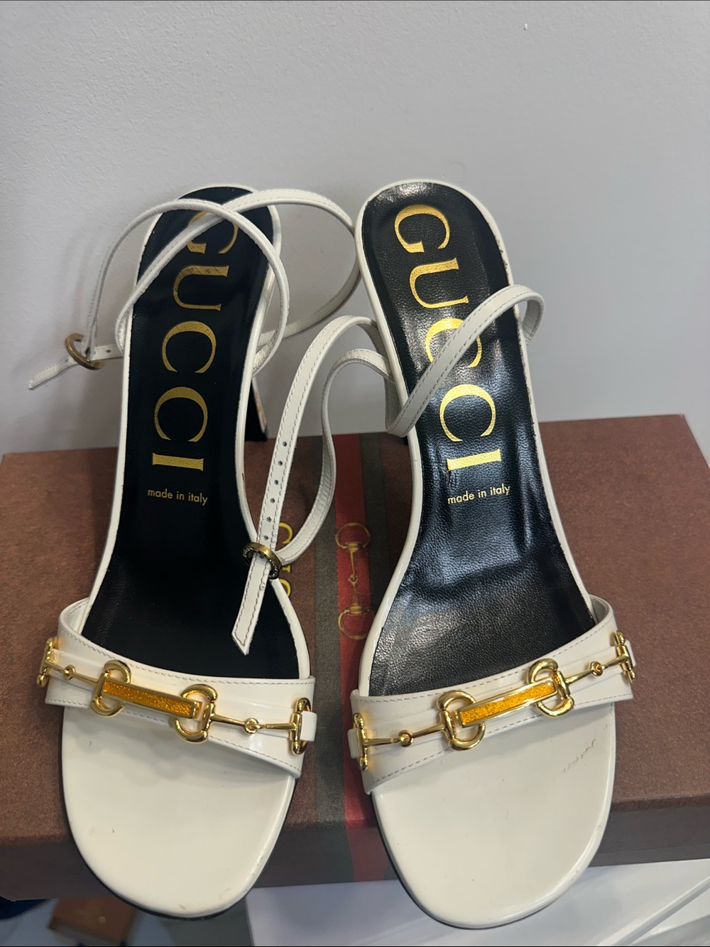 Gucci White Leather Sandals with Gold Horsebit Accent